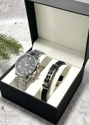 Подарочный набор для мужчины часы и браслет + коробка #23304834